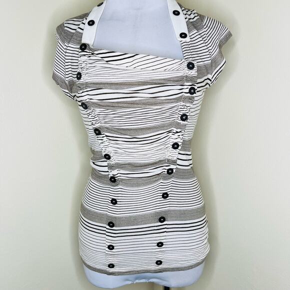 Anthropologie Pilcro Top SMALL Brown White Stripe Jersey Asymmetric Linen Ruched - Picture 1 of 8